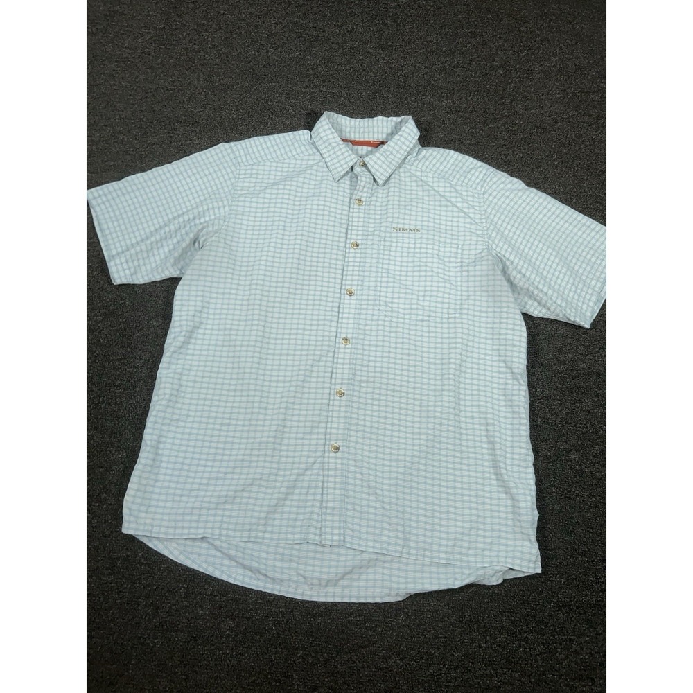 Simm's Shirt Men Large Blue Check Short Sleeve Button Up Outdoor‎ Pocket Fishing